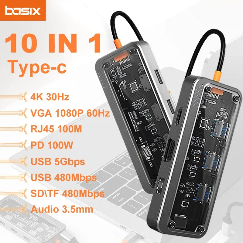 Basix USB-C-Hub 10-in-1-Dockingstation Typ C zu PD HD-MI USB3.0*3 SD TF Ethernet RJ45 1000M VGA AUDIO3,5mm für MacBook M1 M2