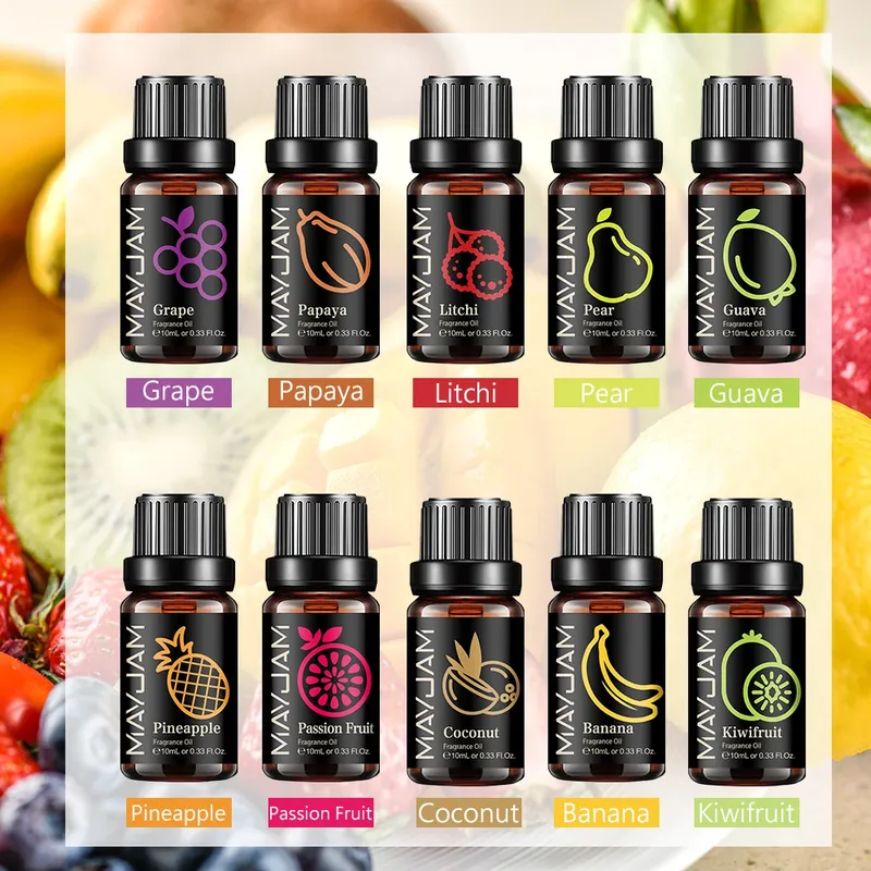 MAYJAM Ätherisches Fruchtöl, 10 ml, Kirsche, Banane, Papaya, Traube, Litschi, Guave, Kiwis, Birne, Feige, Duftöl für Diffusorkerze