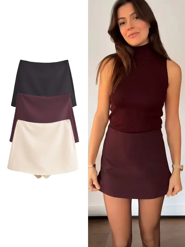 TFMLN Neue Frühjahr Frauen Solide Skort Mode Kausalen Seite Zipper Mini Shorts Röcke Vintage Hohe Taille Streetwear Shorts Röcke