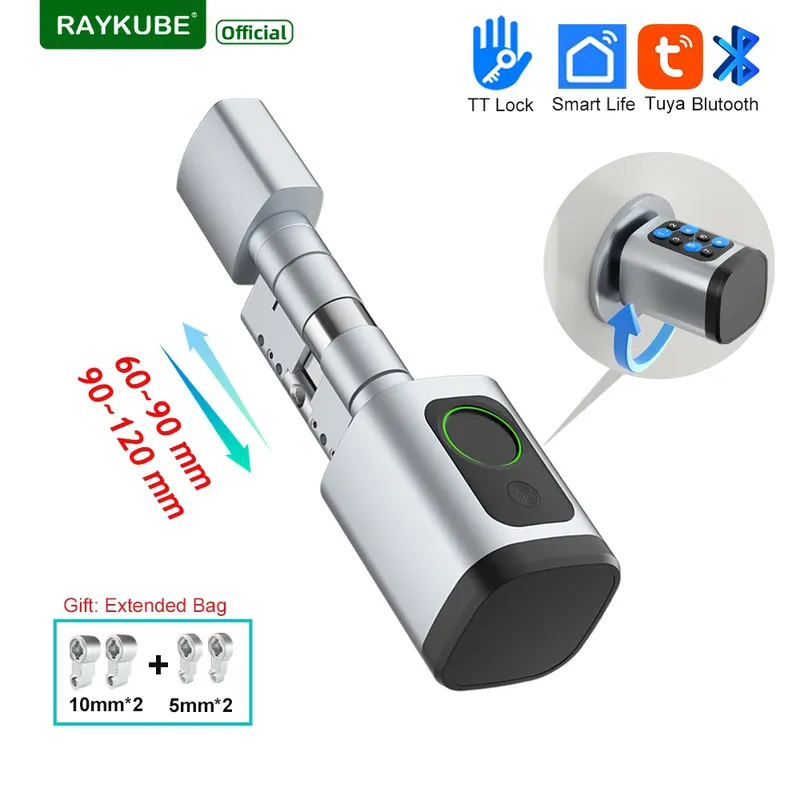 RAYKUBE V1 Einstellbares TT-Schloss/Tuya Bluetooth Smart Fingerabdruck-Digitalzylinderschloss mit APP/Passwort/RFID-Karte/Schlüssel entsperren