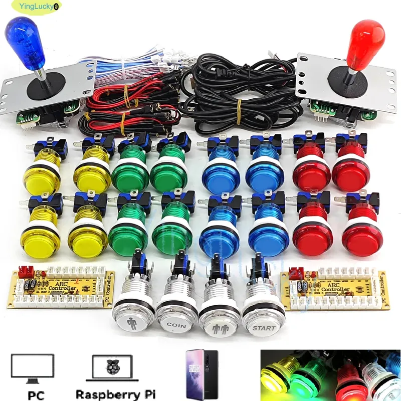 2-Spieler-DIY-Arcade-Spiel-Kit für PC Raspberry Pi mit LED-Drucktasten, Joystick im amerikanischen Stil, USB-Encoder-Kabel, Mame Jamma