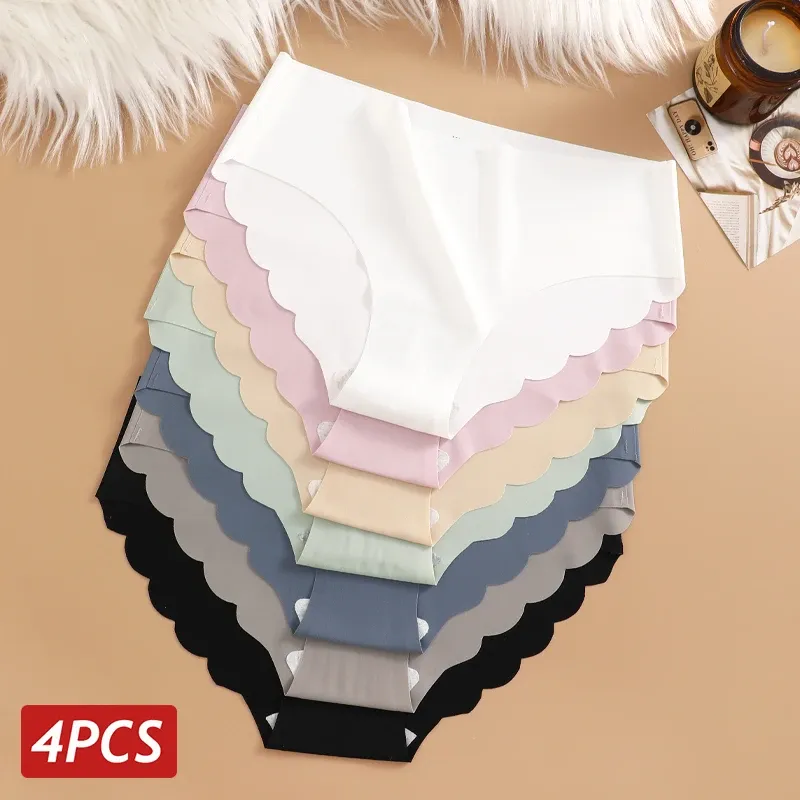 Nahtlose Eisseiden-Slips 4er-Set Damen-Unterwäsche Einfarbig Elastische Unterhosen Ultradünne Spurlose Slips mit Wellenrand