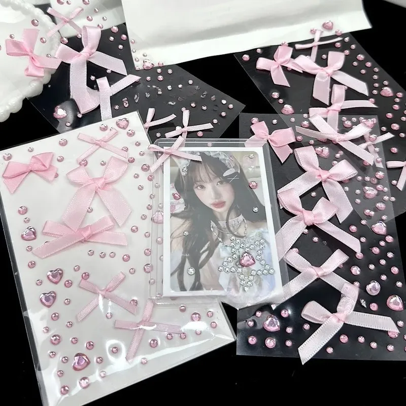 Süße 3D Liebe Spitze Schleife Kristall Aufkleber DIY funkelnde Kpop Foto Deko Aufkleber rosa Geschenke Strass Aufkleber für Foto Kartenhalter