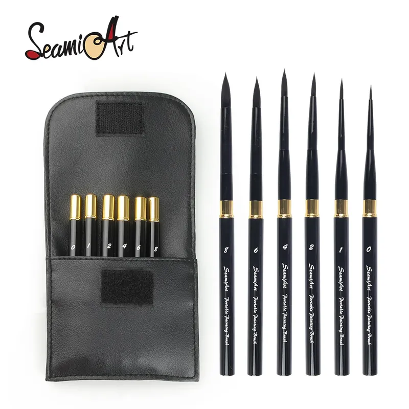 SeamiArt 6 Stück/Set mit tragbarer Pu-Pinseltasche, divIsible, kurzer Halter, Aquarell-Tagebuch-Pinsel für Kunstbedarf