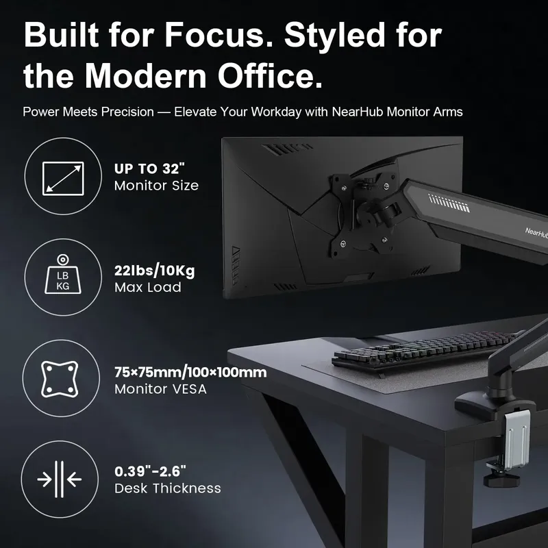 NearHub-Single Monitor Arm-Montagehalterung, Gelenkstativ mit C-Klemme, volle Bewegung, 13–32 Zoll Bildschirme bis zu 9 kg, MS-001