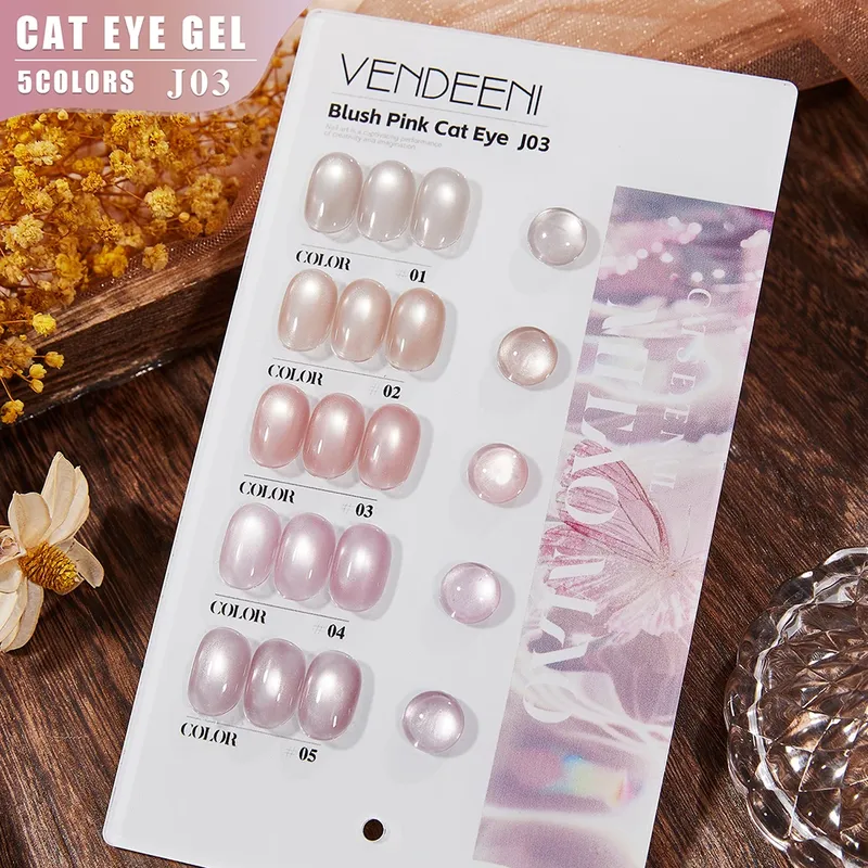 Vendeeni 5 Farben Blush Pink Cat Eye Gel Nagellack Set Magnetischer UV LED Soak-Off Gel Lack Kristall Cat Eye Gel mit Display