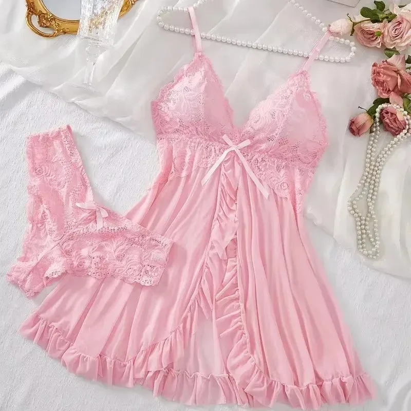 Sexy Dessous-Set für Damen, erotischer BH, Nachthemd, sexy Spitze, Nachtwäsche, solide, schlanke, weiche Kleider, V-Ausschnitt, vollständiger Slip, Nachtwäsche und Kleider