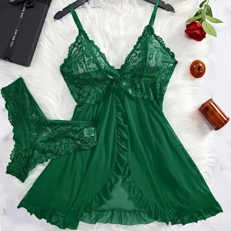 2-teiliges Set Spitzen-Nachthemd für Damen, Exquisite Homewear, Neues Grünes Nachtwäsche-Set, Transparentes Schlitz-Nachthemd mit V-Ausschnitt, BH und Slip