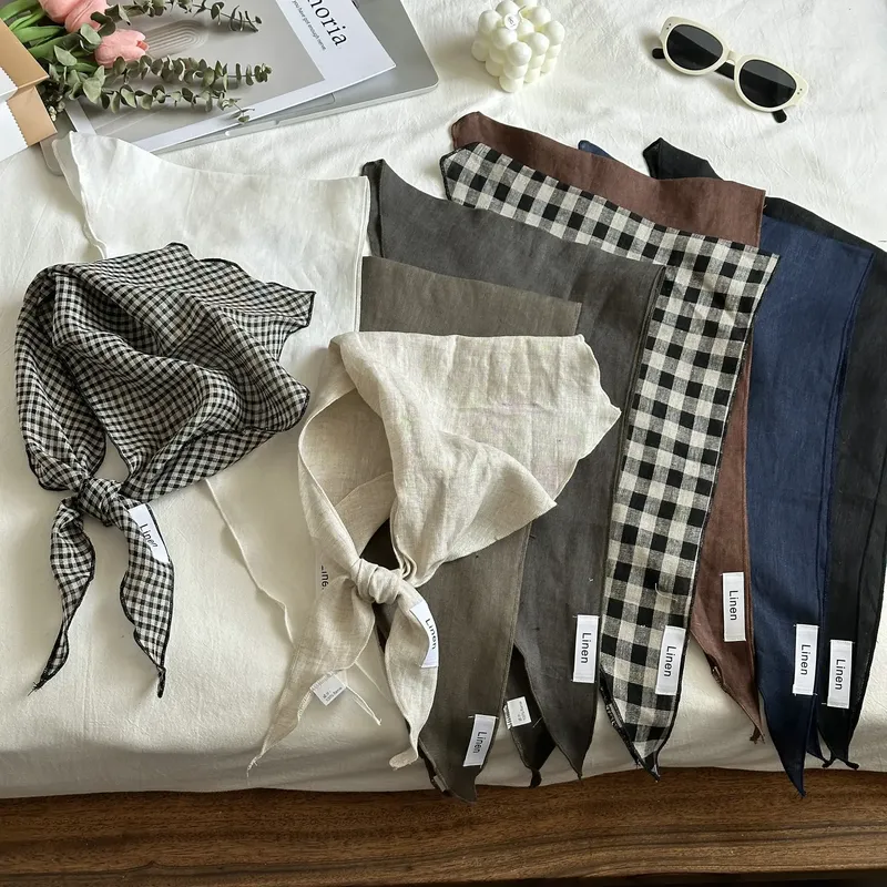 Neuer Seidenschal, einfarbig, 100 % Leinen, bequem, atmungsaktiv, Mori-Stil, dünner Nackenschutz-Schal, Frühling und Herbst, dreieckiger Binder