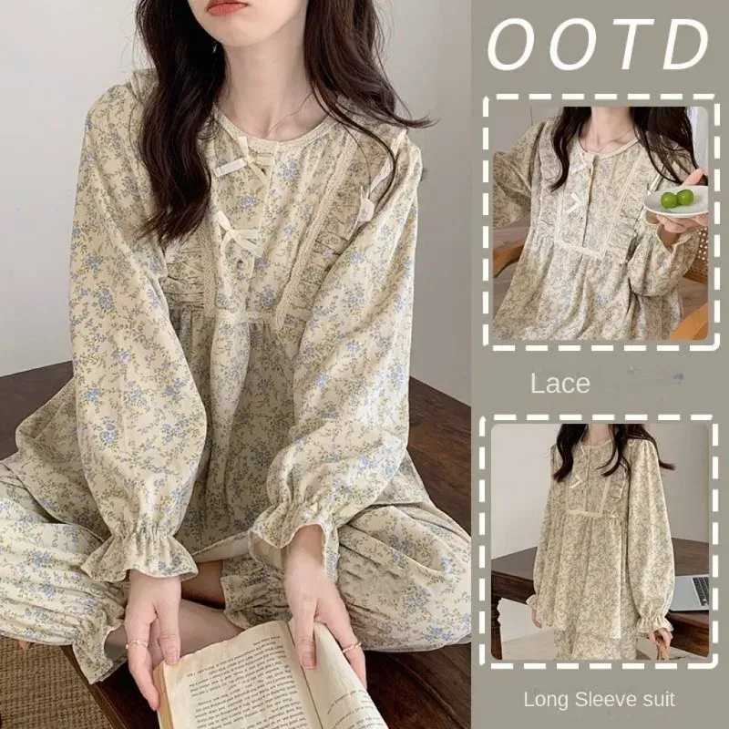 Vier Jahreszeiten können koreanischen Stil Floral Damen Pyjamas Tops und Hosen Sommer Student Nachtwäsche Homewear Mädchen süße Nachtwäsche tragen