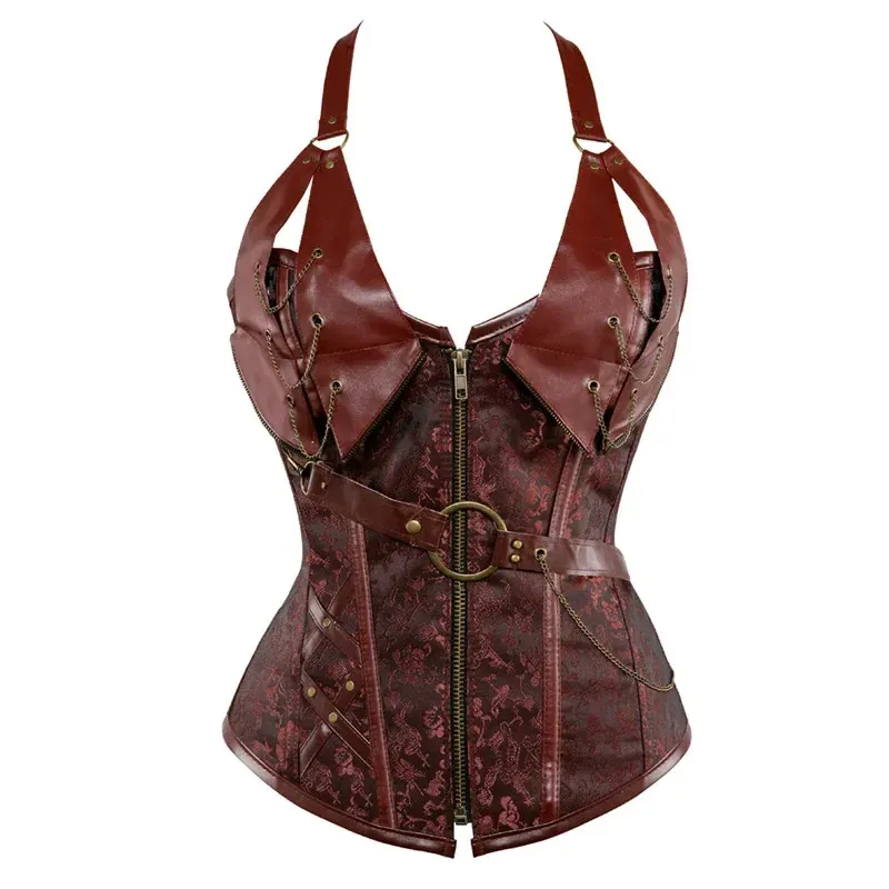 Sapubonva Steampunk-Kleidung für Damen, Übergröße, Korsett, Burlesque, Clubwear, Korsett mit Stahlstäben, Überbrust, schwarz, braun, Korsett, Gothic, 6XL