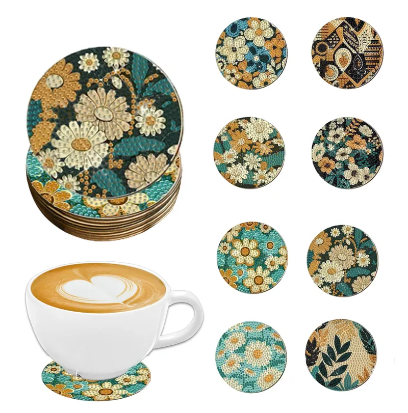 8-teiliges DIY-Diamant-Malerei-Kunstset, Untersetzer mit Blumenmuster, spezielle Form, Kristall, künstlicher Diamant, Mosaik-Handwerk