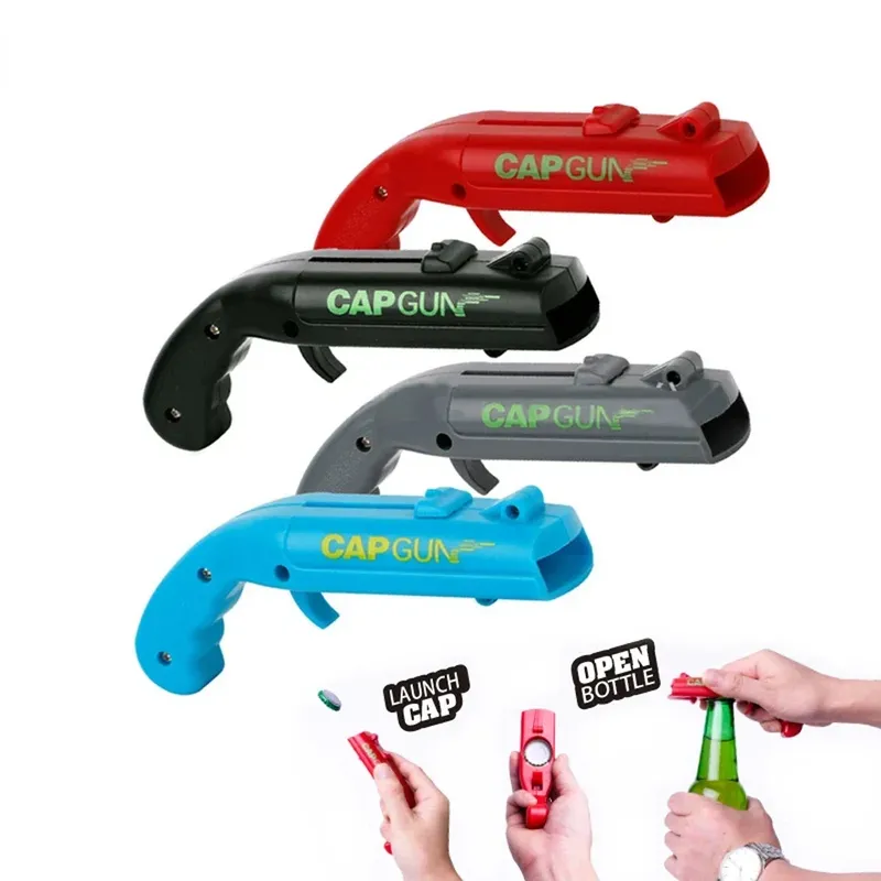 Tragbare Kappenpistole, kreativer fliegender Kappenwerfer, Bieröffner, Bar-Werkzeuge, Getränkeöffner, geformter Kappenöffner, Rot, Grau