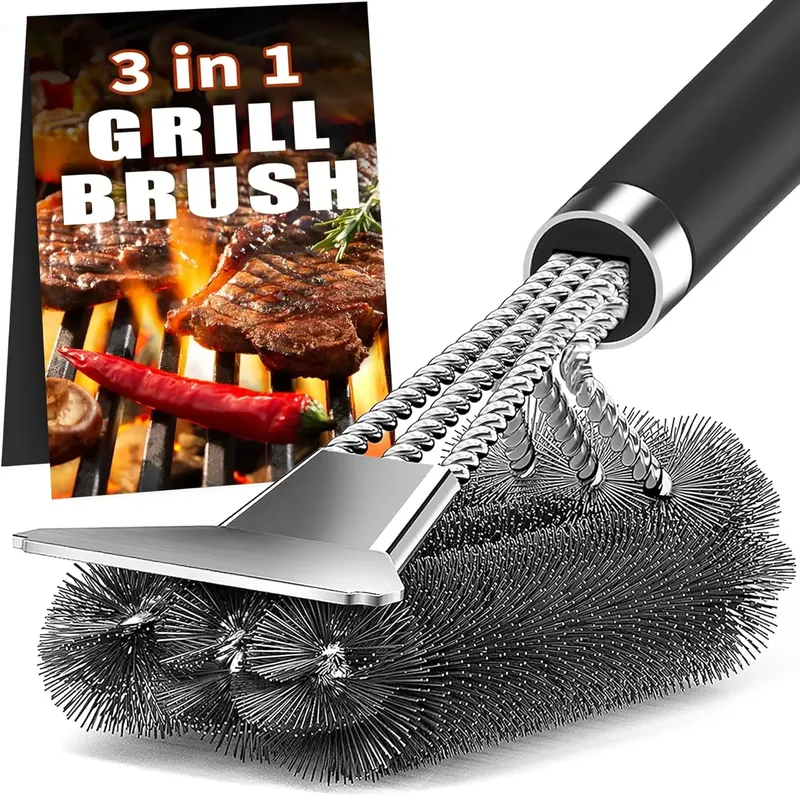 Grillreinigungsbürste aus Edelstahl, Grilldrahtbürste für den Außenbereich mit Schaber, Grillzubehör, Picknickwerkzeuge