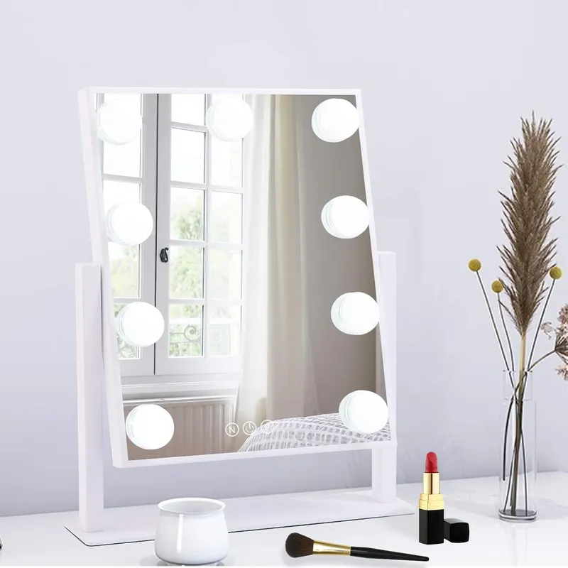 Kosmetikspiegel mit Lichtern, Hollywood-Make-up-Spiegel mit 9 LED-Lampen, 3-farbige Beleuchtung, 360 ° Rotation für Ankleidezimmer und Schlafzimmer