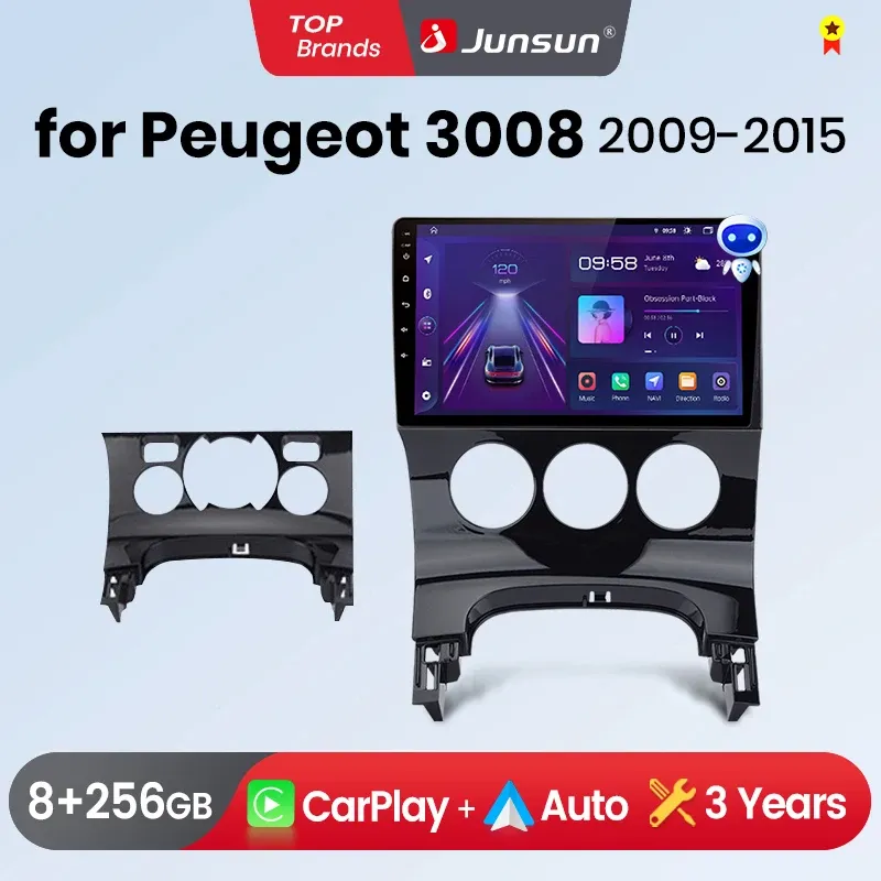 Junsun Wireless CarPlay Android Auto Radio für Peugeot 3008 2009 - 2015, optionale 360-Grad-Kamera, intelligente Fahrzeugsysteme, RDS, BT, DSP, 2-DIN-Autoradio mit integriertem Lüfter, GPS-Navigation, SWC, FM, IPS-Bildschirm, AI-Sprachsteuerung, 4G, WLAN, 8-Kern-Prozessor, Plug&Play-Headunit