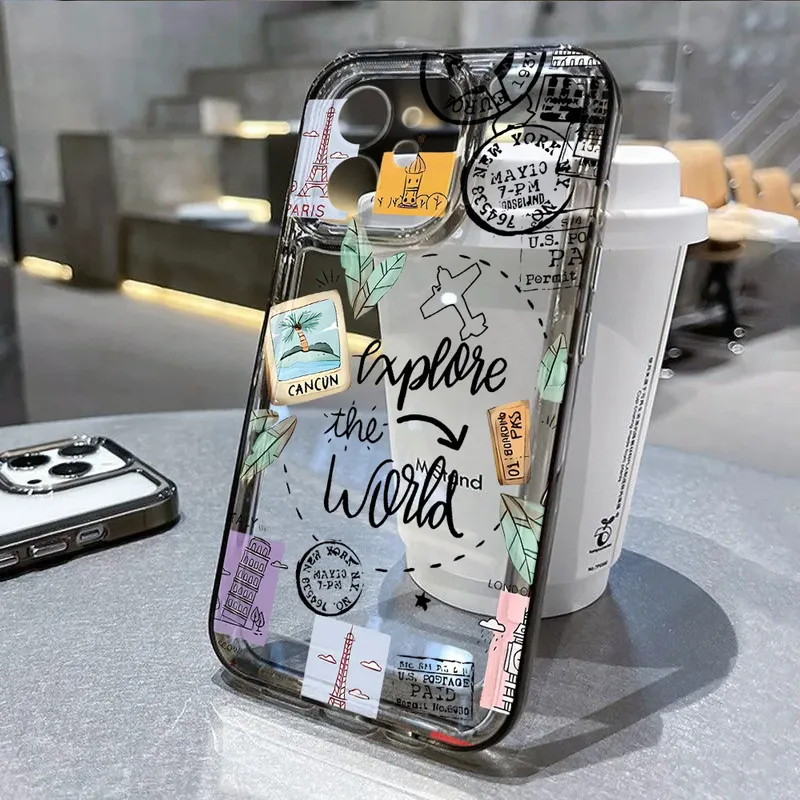 Transparente Handyhülle für iPhone 16 Pro 13 17 14 11 12 15 Pro Max 16e XR 7 Plus SE, reiseinspirierte Flugzeug-Route-Design-Abdeckung