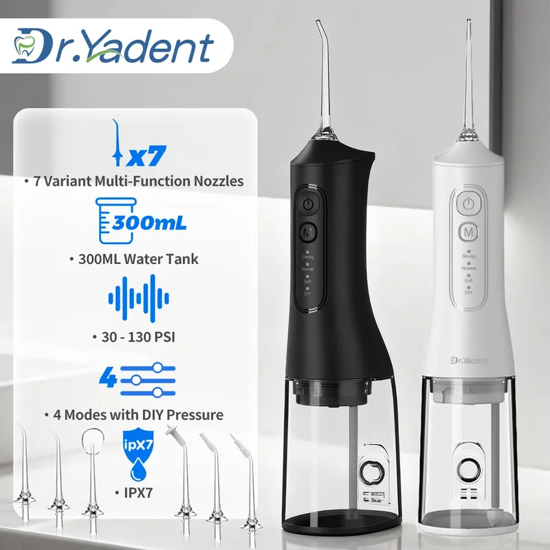 Dr.Yadent YD06 Kabelloser Mundduschen-Irrigator, 300 ml, tragbarer Wasserstrahl, USB-C, schnelles Aufladen, 7 Düsen, 4 Modi, IPX7 wasserdicht