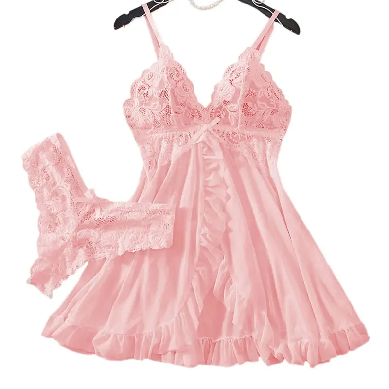 Rosa Süße Nachthemd Weibliche Elegante Schlaf Kleid Heißer V-ausschnitt Bh Transparent Milch Seide Unterwäsche frauen Pyjamas Mit Höschen Set