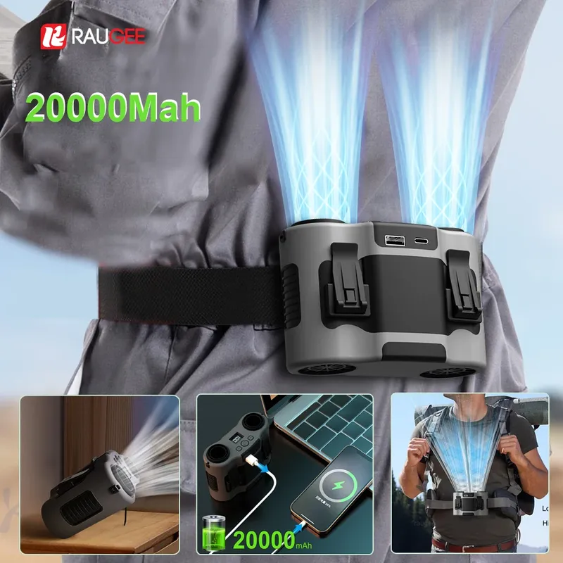 Tragbarer Taillenclip-Ventilator, tragbarer Mini-USB-wiederaufladbarer Hängeventilator für Arbeiten im Freien, Doppel-Luftauslass-Taillenventilator, 20000 mAh