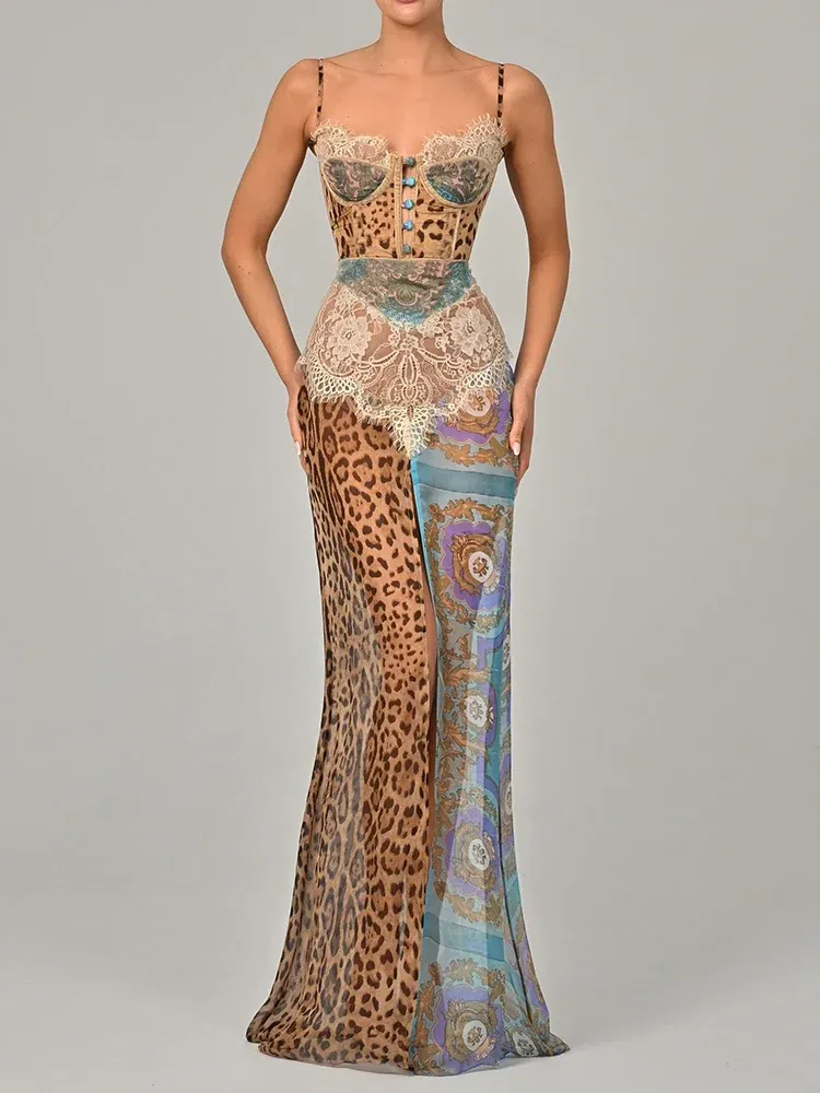 Mozision Leopard Print Spitze Split Sexy Maxi Kleid Frauen Kleid Elegante Patchwork Chiffon Ärmelloses Rückenfreies Strand Abendkleid