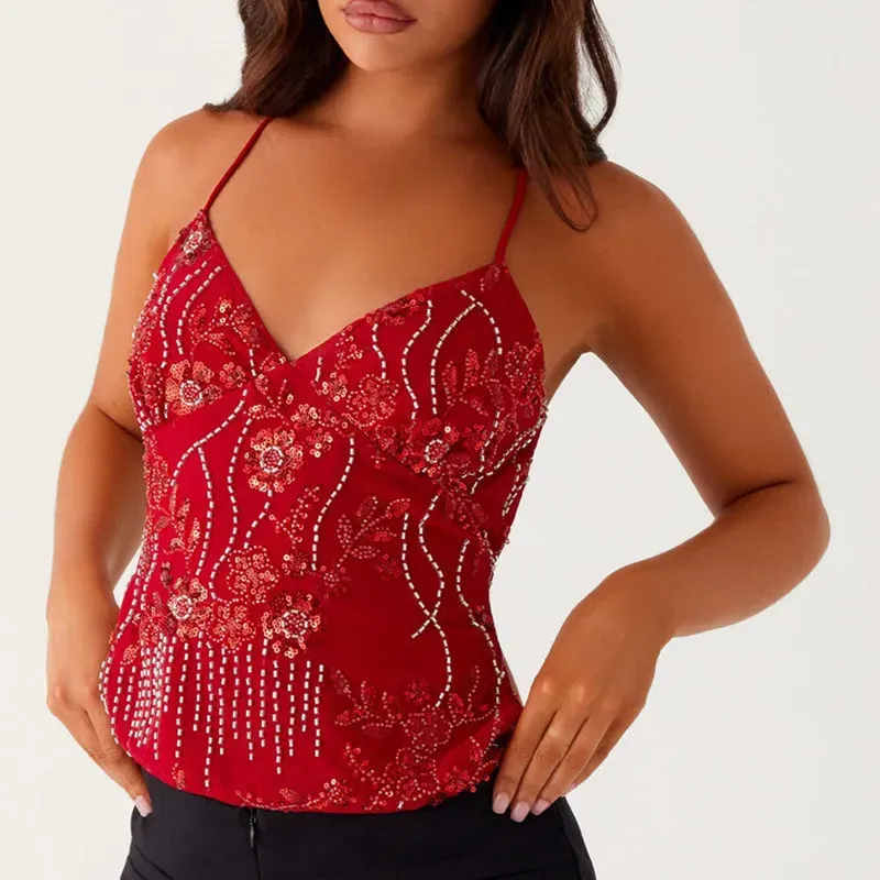 Sommer Frauen Y2k Pailletten Halter Crop Tops Perle Verziert Cami Tops Sommer Glitter V-ausschnitt Strass Leibchen Tank Shirt