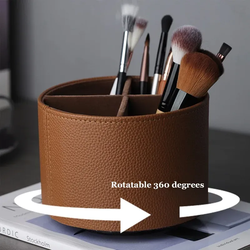 AhunderJiaz Nordischer Stil Yike Rotierende Desktop-Aufbewahrungsbox aus Leder, Make-up-Pinsel-Aufbewahrung, Büro-Stifthalter, Heimdekoration