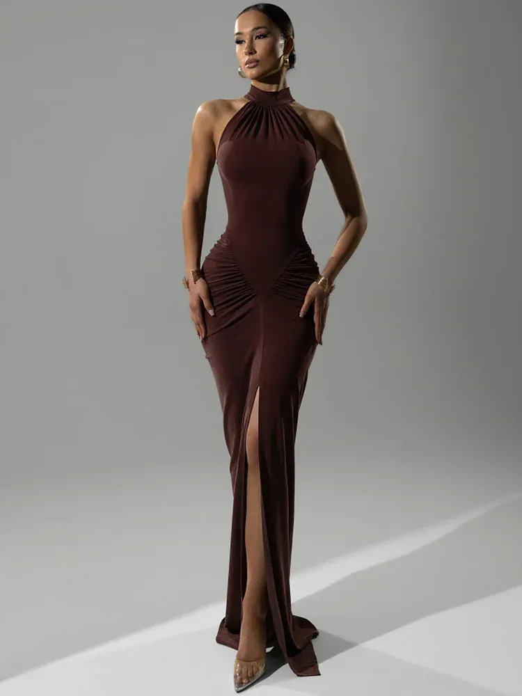 Mozision Halter Geraffte Ärmellose Sexy Maxi Kleid Frauen Kleid Mode Schlanke Hohe Taille Abend Club Party Split Langes Kleid