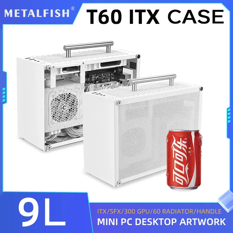 METALFISH T60 Mini ITX weißes Gehäuse, 9 l Acryl oder Mesh-Seitenteil, kompakte, transparente PC-Unterstützung, SFX-Netzteil/300 mm GPU