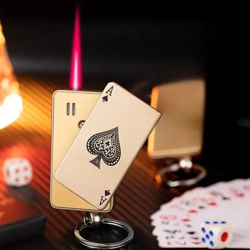 Metall-Spielkarte mit roter Flamme, ungewöhnliche Taschenlampe, Turbine, Butan-Gas-Feuerzeug, kreativ, winddicht, Outdoor-Feuerzeug, personalisiertes Geschenk für Männer