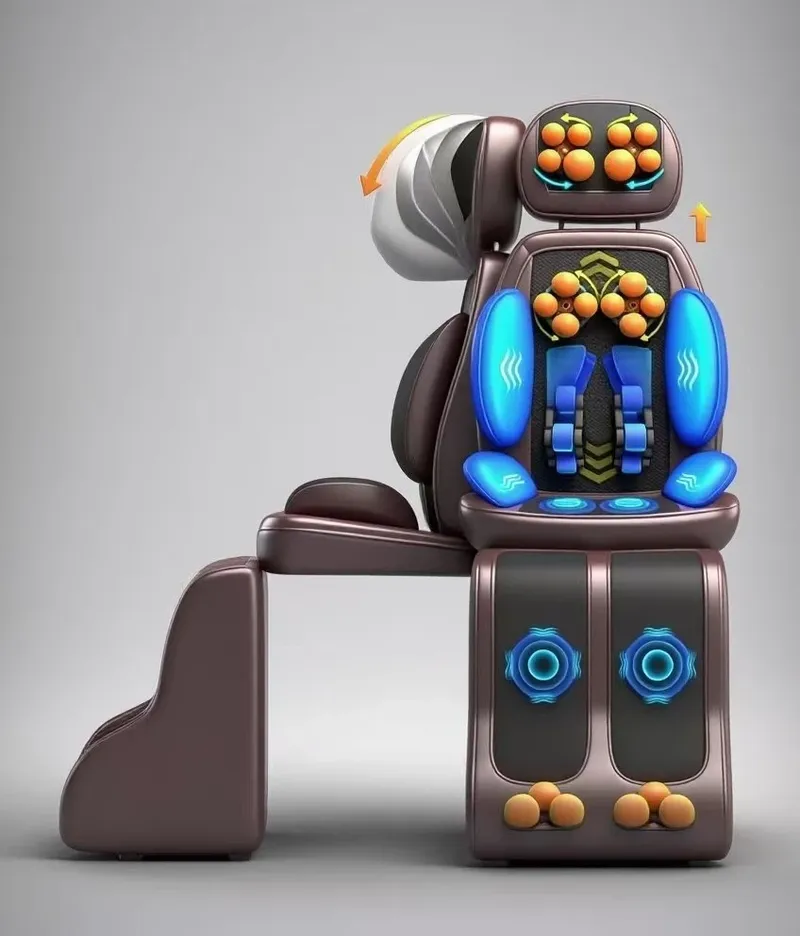 Shiatsu Nackenmassagegerät mit Wärme, voller Rücken, Kneten, rollendes Massagestuhlpolster mit Höhenverstellung, Wadenvibration, Schwarz, Braun
