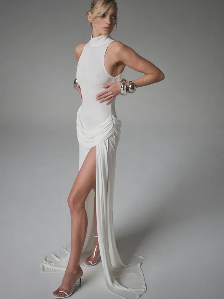 JULISSA MO Sexy High Slit Rollkragen Frauen Maxi Kleid Weiß Ärmellose Hohe Taille Kleid Femme Sommer Dünne Elegante Party Clubwear