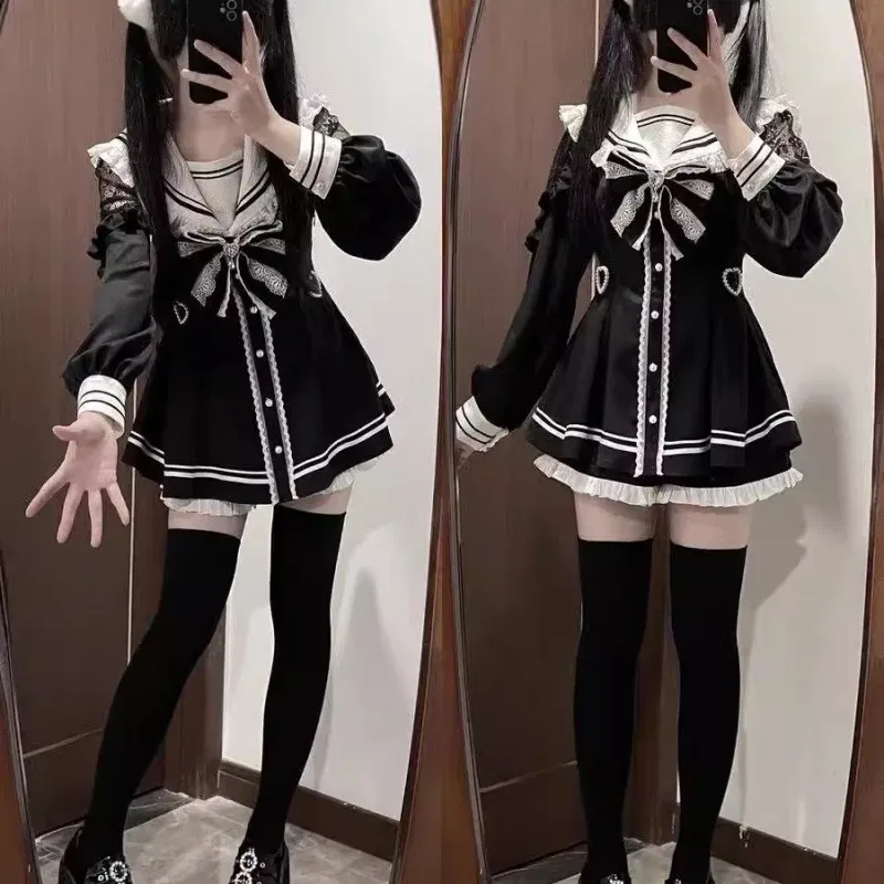 Jirai Kei Sailor Schwarzes Kleid Spitze Patchwork Slim Fit Kleider Japanische süße innere Shorts Set JK Schuluniform für Frauen Mädchen