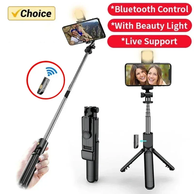Kabelloser Selfie-Stick mit Stativständer und Licht, Bluetooth-Fernbedienung, ausziehbar für iPhone, Mobiltelefon, TikTok Live-Streaming