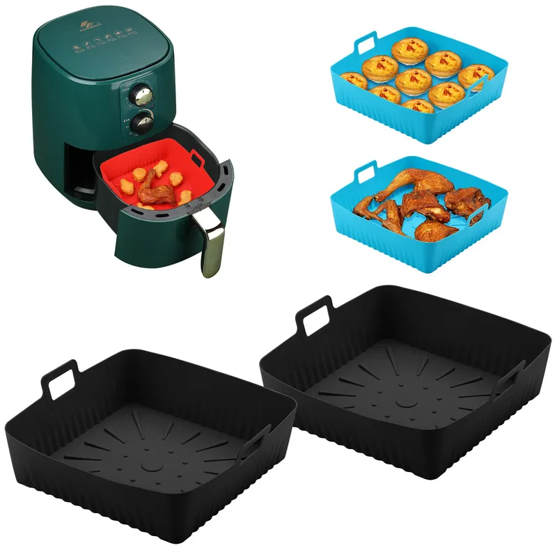 XXL 9-Zoll-Silikon-Luftfritteusenkorb für Cosori/Ninja 6-8QT – ofensicheres, quadratisches, wiederverwendbares Tablett, spülmaschinenfreundlich, ölfrei