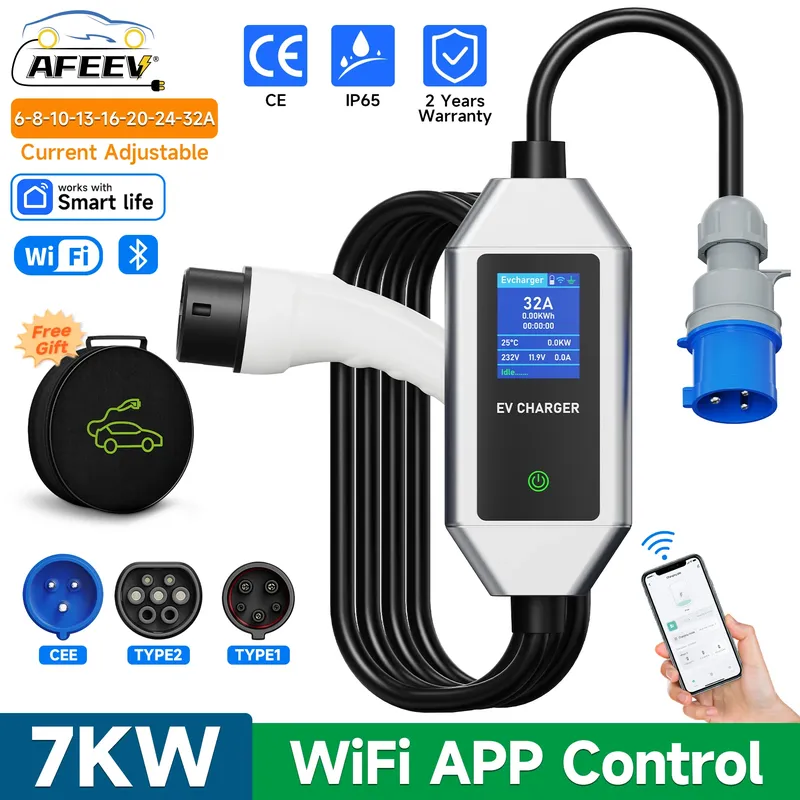 AFEEV 7KW 32A 1Phase Tragbares EV-Ladegerät mit WiFi APP-Steuerung Typ2/Typ1 Elektroauto-Ladegerät Wallbox EVSE Schnellladekabel