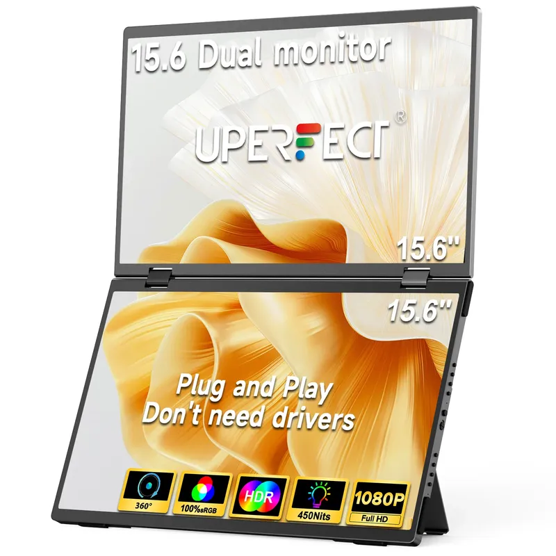 UPERFECT Delta 15,6 Zoll Dual tragbarer Monitor für Laptop-Bildschirm-Extender 1080P HDR 360 °   Zusammenklappbar, gestapelt mit Ständer für Laptop-PC