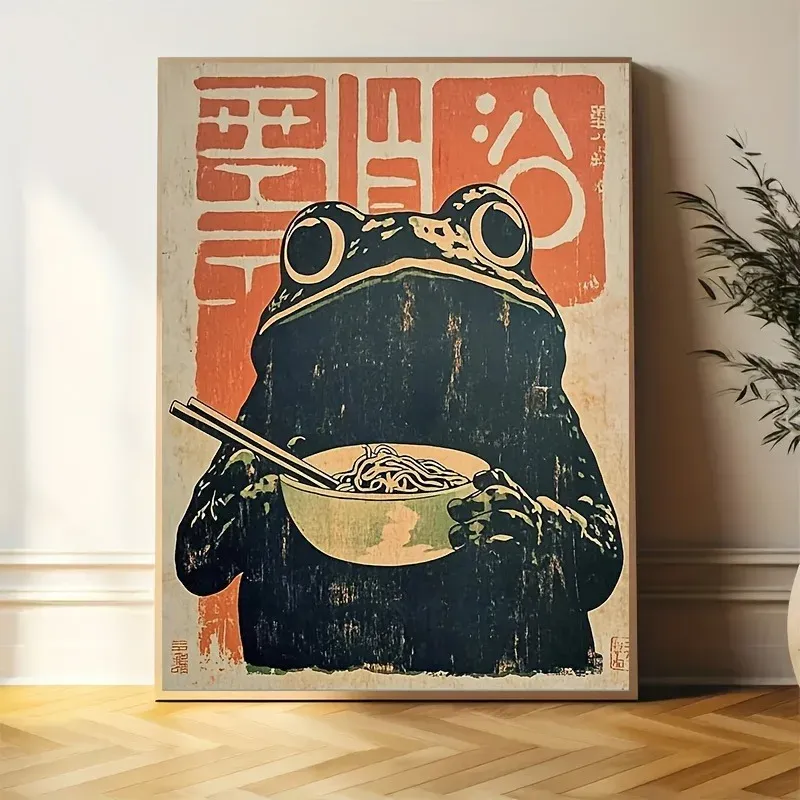 1 Stück rahmenloser Leinwand-Kunstdruck, Art-Deco-Retro-japanischer Stil, auf Leinwand gedruckt, mit Frosch fressender Ramen, Wanddekoration