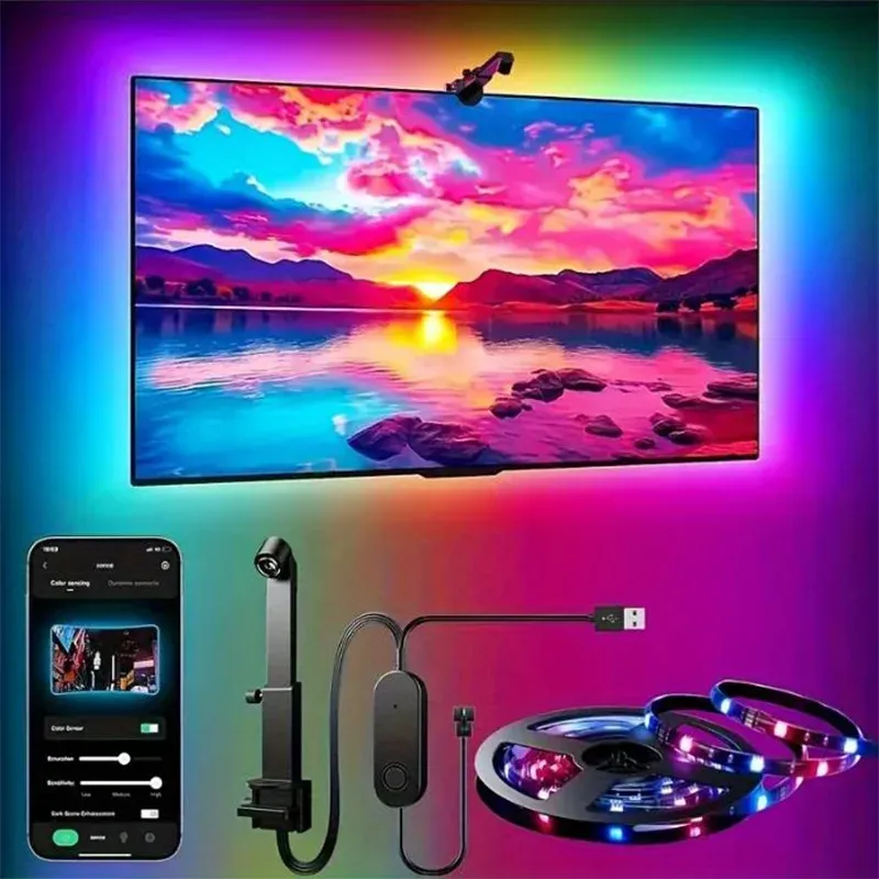 RGBIC LED TV-Hintergrundbeleuchtungsstreifen mit Kamera-App-Steuerung, Musik-Synchronisation, Smart Lights für Gaming-Räume, 55-75 Zoll, Ambientebeleuchtung