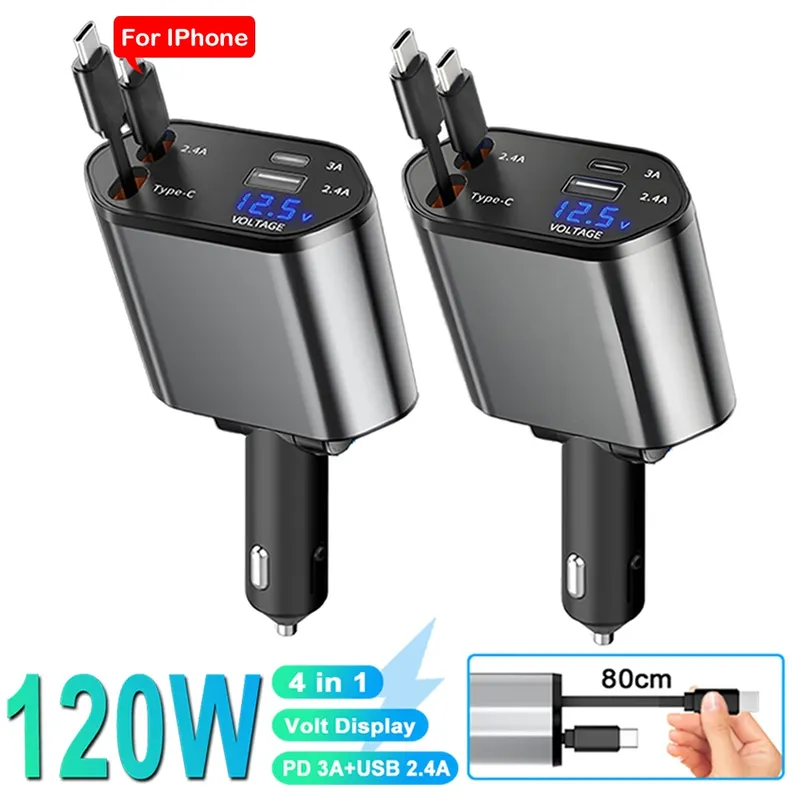 4 IN 1 Autotelefon-Ladegerät 120 W Typ C 66 W + 2,4 A Ladekabel mit einziehbaren Kabeln mit Volt-Display für IPhone Huawei Samsung