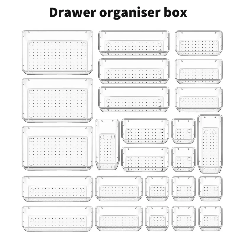 25-teiliges Schubladen-Organizer-Set aus durchsichtigem Kunststoff, Schreibtischteiler, Behälter, Schlafzimmer, Kommode, Büro, Aufbewahrungsbox für Make-up, Schmuck, Gadgets