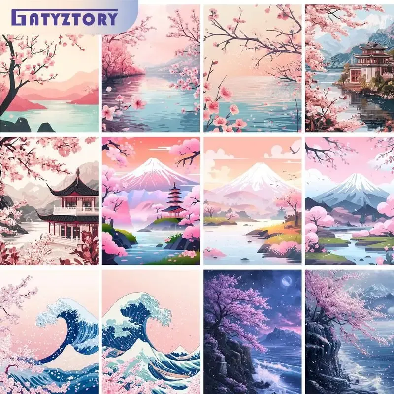 GATYZTORY Landschaft Malen nach Zahlen Öl handgemalt Acrylfarbe Sakura Pagode Home Dekore Erwachsene Handwerk auf Leinwand DIY Geschenk