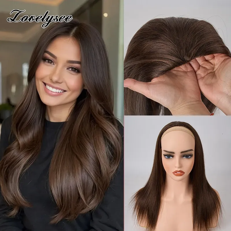 Lovelysee 3/4 halbe Perücke Echthaar mit Clip-in-Haarverlängerungen, seidig glattes Remy-Haar, braune Farbe, weich, 150 % 180 % Perücke für Frauen