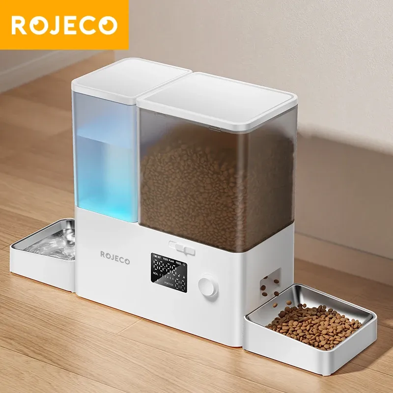 ROJECO Automatischer Futterspender für Haustiere, Wasserbrunnen, 8,5 l, Knopfversion, Hundefutterspender, Wassernachfüllung, 2-in-1-Trinkfütterungszubehör