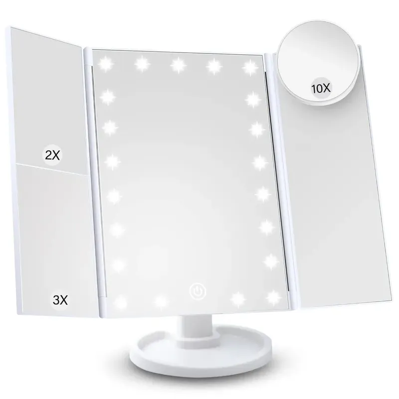 Kosmetikspiegel mit Licht, 2 x/3 x/10 x Vergrößerung, beleuchteter Kosmetikspiegel, Touch-Steuerung, dreifach faltbar, Dual-Stromversorgung, tragbar