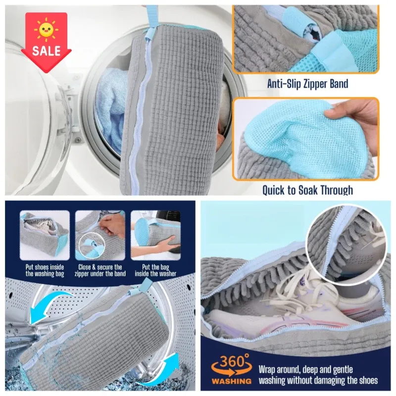 Wäschesäcke, Schuhwaschmaschinentasche – mit Reißverschluss, Wäschesack mit reinem Flusen im Inneren, perfekt für Turnschuhe mit Schuhbürste