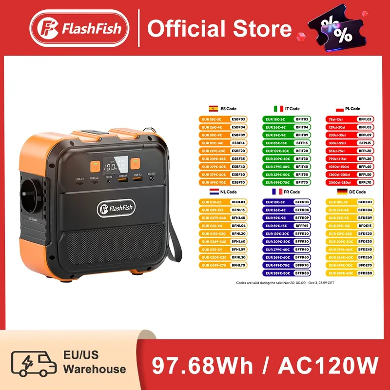 FF Flashfish 230 V Mini wiederaufladbares tragbares Kraftwerk 120 W 97,68 Wh Batterie Solargenerator Power Bank Typ C für Flugzeug