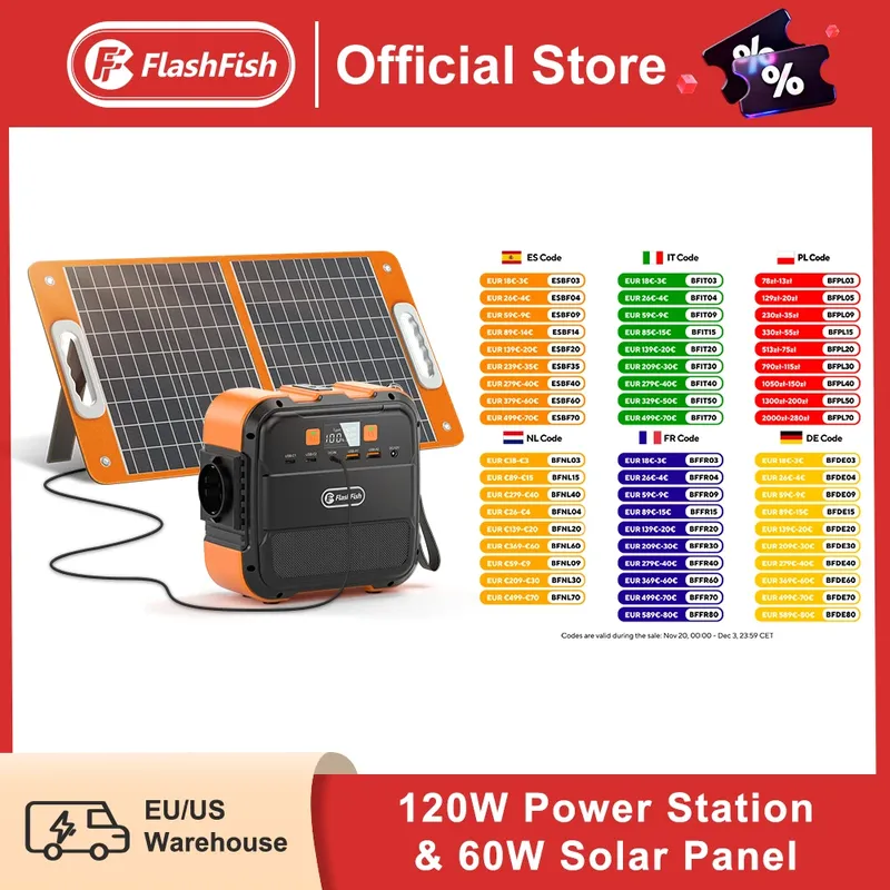 FF Flashfish A101 230 V tragbares Mini-Kraftwerk 120 W 97,68 Wh mit Solarpanel 60 W Batterie Solargenerator Power Bank per Flugzeug