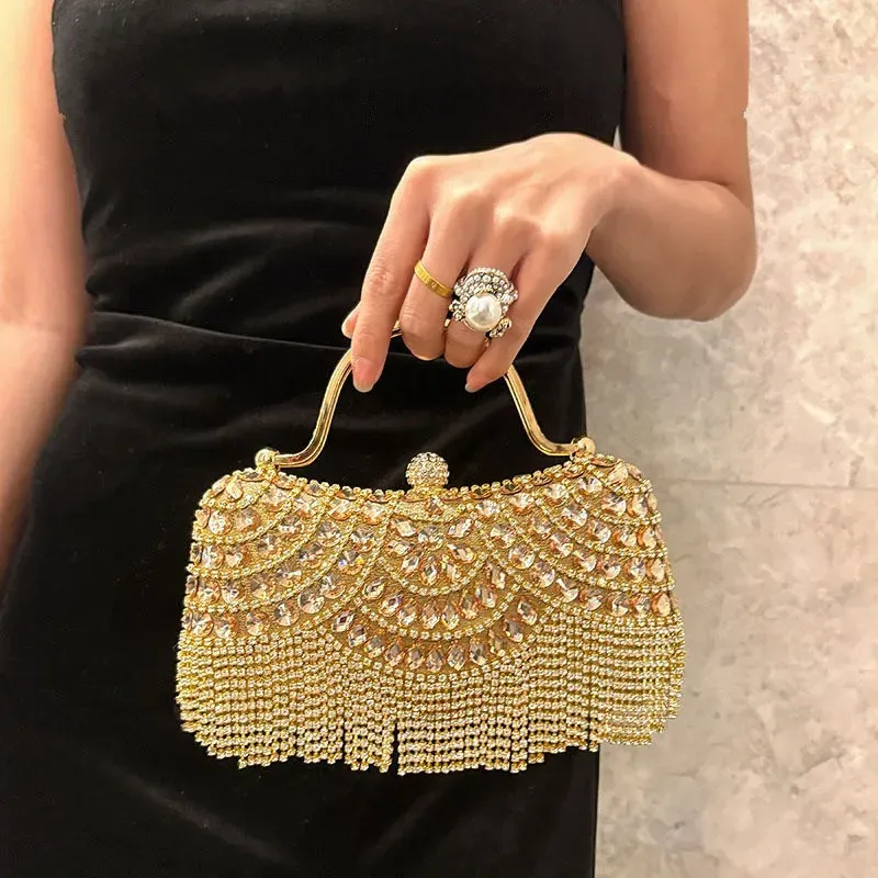 Diamant-Abend-Clutch, goldene Quaste, Handtasche, Boutique-Neuheit, metallische Strass-Geldbörsen und Handtaschen, Braut, Hochzeit, Party