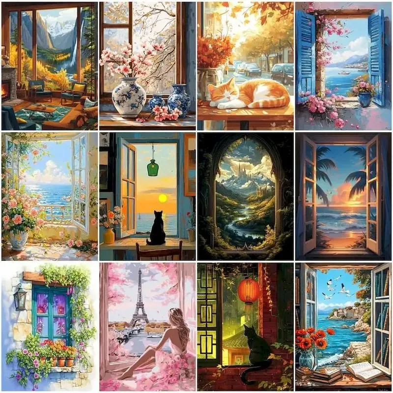 Ruopoty Ölgemälde von Zahlen Fensterbank Landschaft Kunstwerk Färbung für Erwachsene Kunst liefert personal isierte Geschenk handgemacht digital